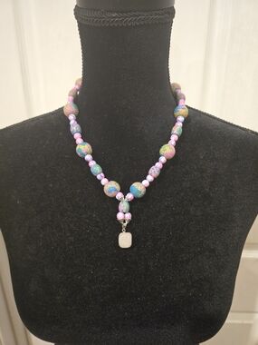 Colorful Multicolor Beaded Necklace with Pink Agate Pendant